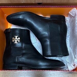 Tory Burch Black Leather Booties with Gold Logo